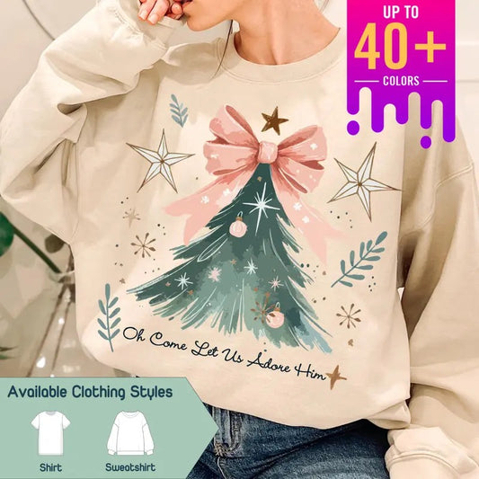 Oh Come Let Us Adore Him Sweatshirt, Coquette Bow Christmas Tree Tee, Watercolor Jesus & Xmas Tree Designs, Cute Shirt, Christmas Gift - Gift for Best Friend, Gift for Him & Her - Trending, Crew Neck, Top christmas season