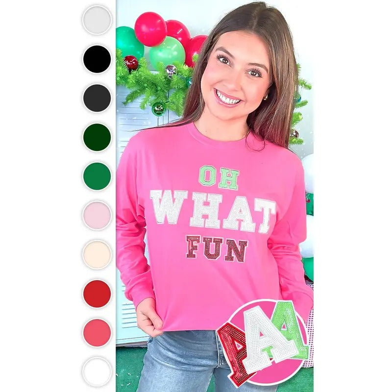 Oh What Fun Sequin Christmas Graphic Long Sleeve T-Shirt Hoodie, Sweatshirt | DripVista.com