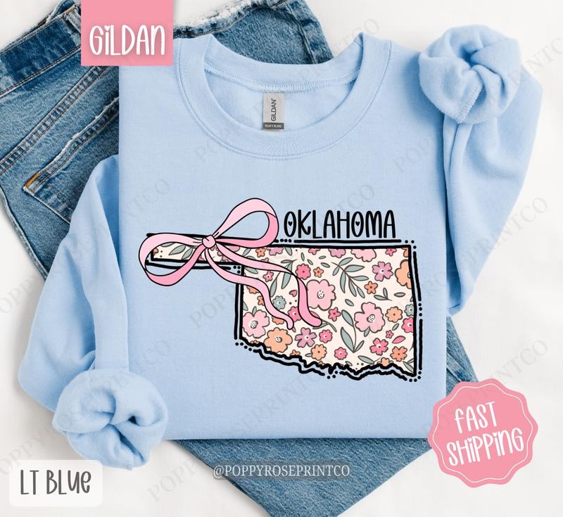Oklahoma Floral Bow Gildan Sweatshirt, Cute Trendy State Coquette Pullover