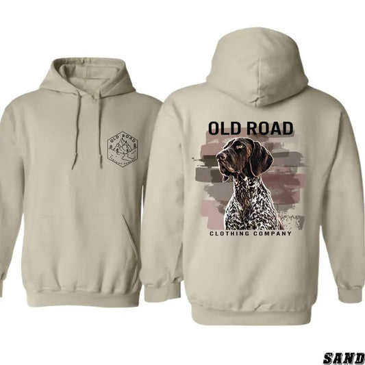 Old Road Hoodie - Vintage Hunting Dog Design Showcasing Artistic Canine Graphics, country boy clothing, Ideal for Outdoor Enthusiasts and Dog Lovers, Unisex Hoodie for Everyday Comfort and Adventure Style Menswear Sweaters