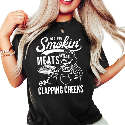 Old Row Smokin' Meats And Clapping Cheeks Vintage Graphic Shirt, Summer Cookout Gift, Funny BBQ Enthusiasts Shirt, Kitchen Chef Gifts, Funny Cook Shirt