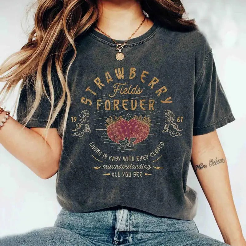 Old School Band Tee, Vintage Retro Band Tee, Beatles Strawberry Fields Rock Band Tee, Oversized Trendy Shirts