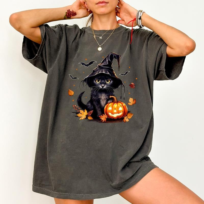 Old School Black Cat Comfort Colors Shirt, Jack O Lantern Pumpkin Halloween Graphic Tee, Spooky Season Unhinged Shirt, T-shirt For Women, Halloween Gifts, Comfy Fabric Graphic Tee, Women's Top, Womenswear, Cotton Fabric Relaxed Fit Chic Style