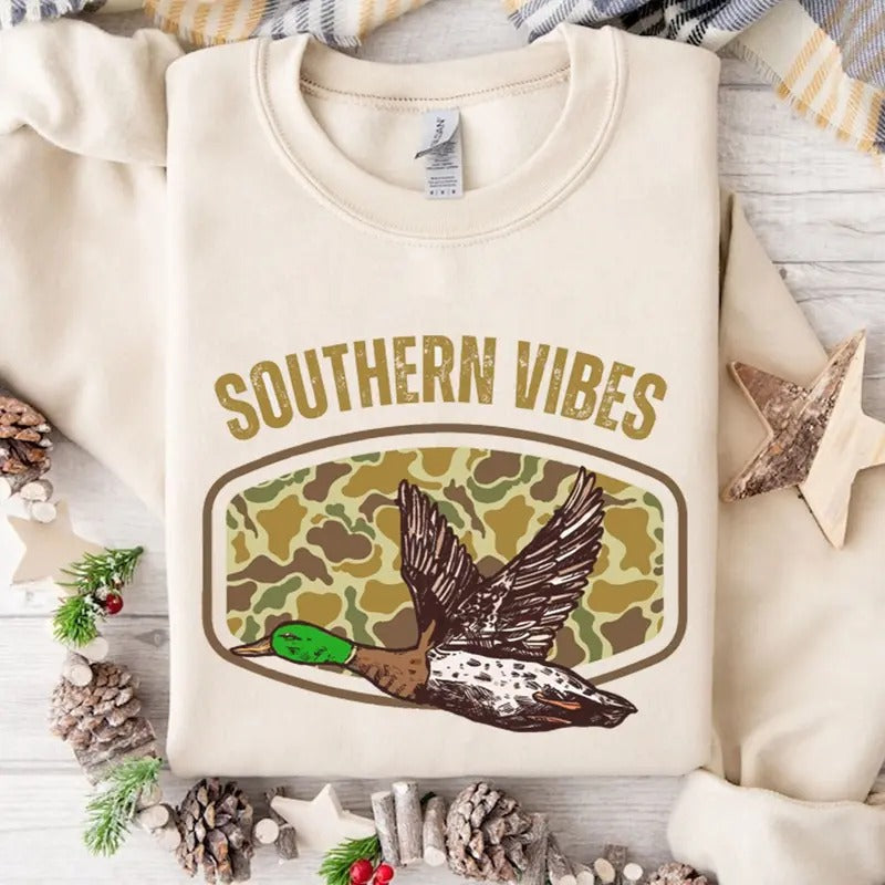 Old School Camo Duck Hunting Southern Vibes Unisex Crewneck Sweatshirt, Camo Bottomland Hunting Shirt Hoodie | DripVista.com