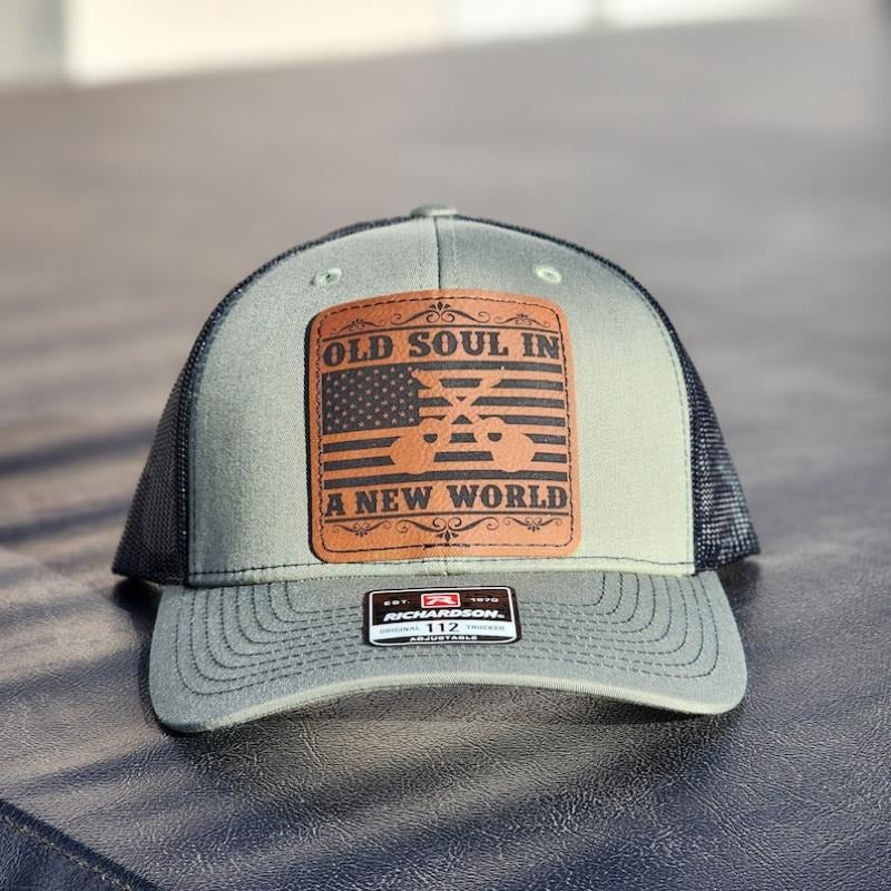Old Soul New World Leather Patch Black Trucker Hat Richarson 112-Country Music Fans, Bachelor Parties, Unique Husband Man...