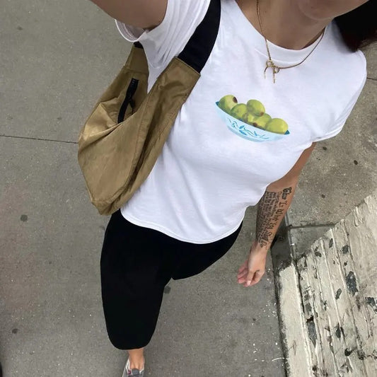 Olive Bowl Painted Baby Tee - Womenswear Top, Trending Womens Tshirt, Short Sleeve Streetwear Shirt, Breathable Classic Fit - Back to School Gift for Foodie and Coastal Summer Style