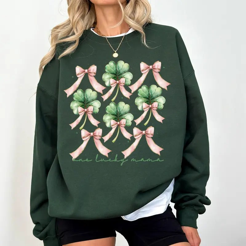 One Lucky Mama, St. Paddy's Day, Coquette, Bow, Clover, Shamrock, Lucky, Irish, Lucky Charm, St Patrick's Day Sweatshirt,...
