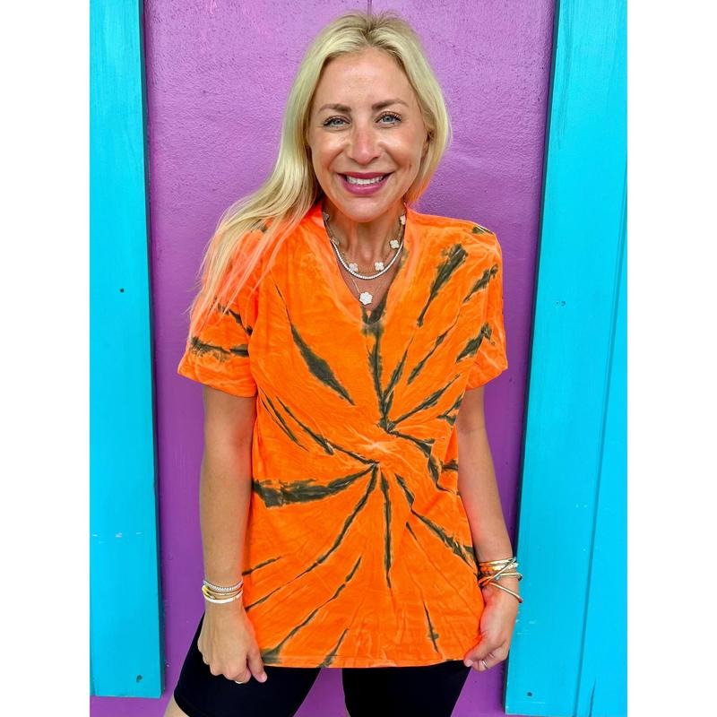 Orange & Black Twist V-Neck Tie-Dye Tee - Blank Hoodie, Sweatshirt | DripVista.com