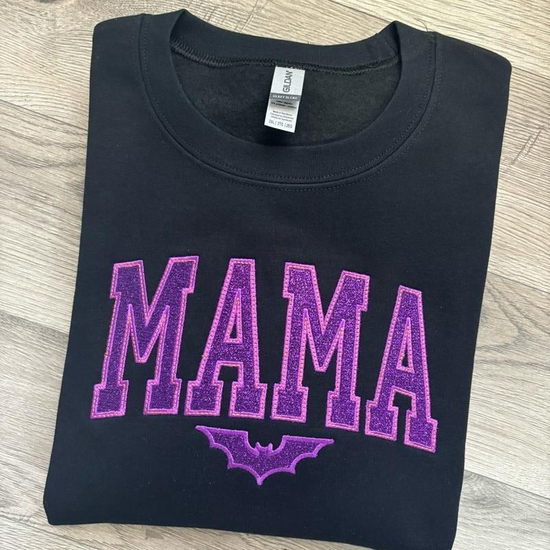 Black/Purple/Orange Mama Bat Spooky Season Embroidered Crewneck Sweatshirt T-Shirts, Hoodie | DripVista.com