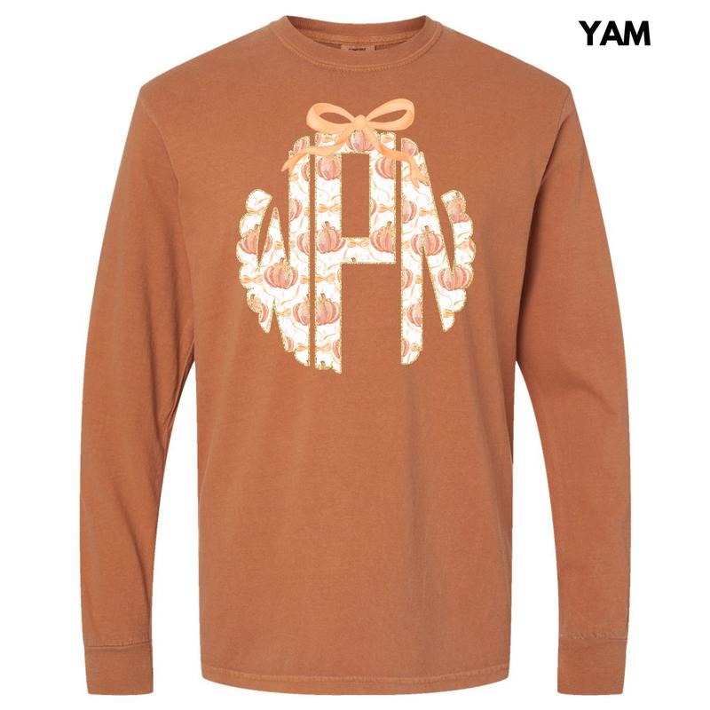 Orange Pumpkin Monogram Long Sleeve Comfort Colors T-Shirt 'NLB' Hoodie, Sweatshirt | DripVista.com