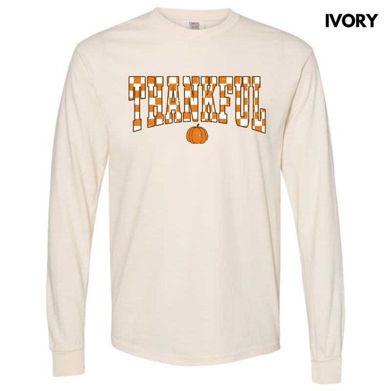 Orange Thankful Checkered  Long Sleeve Comfort Colors T-Shirt 'NLB' Hoodie, Sweatshirt | DripVista.com