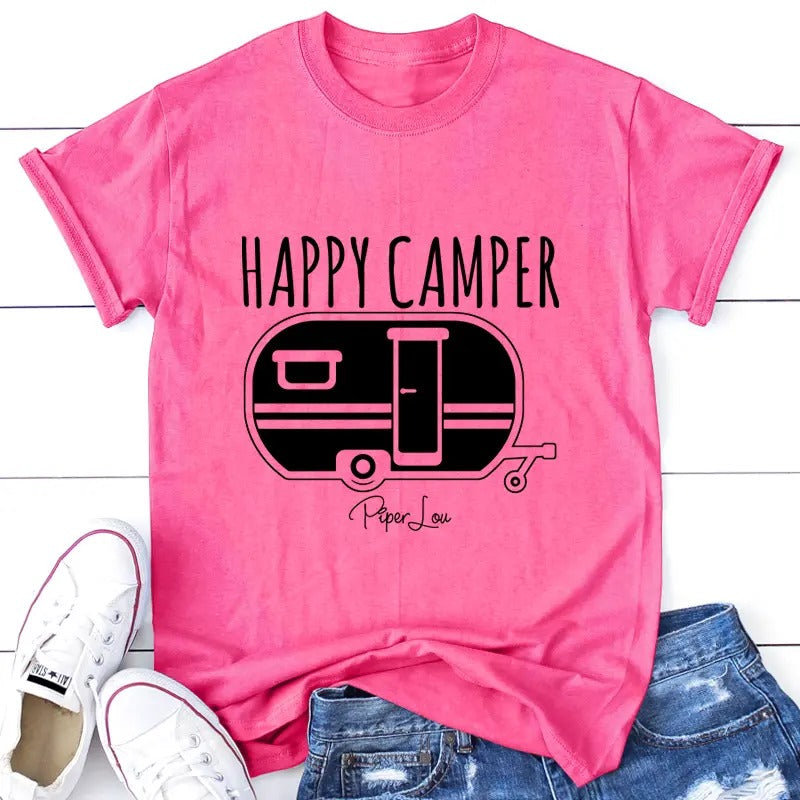 Happy Camper RV Apparel, Printed In The USA, Tee / Tank / V Neck Gray / White / Blue / Hot Pink / Orange, #sassy #cute #blackprint