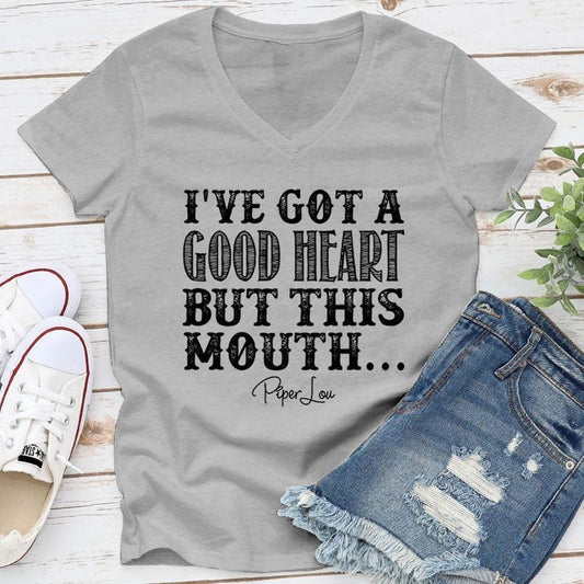 I've Got A Good Heart But This Mouth Apparel, Printed In The USA, Tee / Tank / V Neck Gray / White / Blue / Hot Pink / Orange, #sassy #cute #blackprint