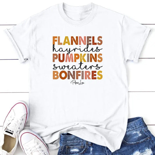 Fall | Flannels Hayrides Pumpkins Apparel, Proudly Printed In The USA, Tee / Tank / V Neck Gray / White / Blue / Hot Pink / Orange, #sassy #cute #blackprint