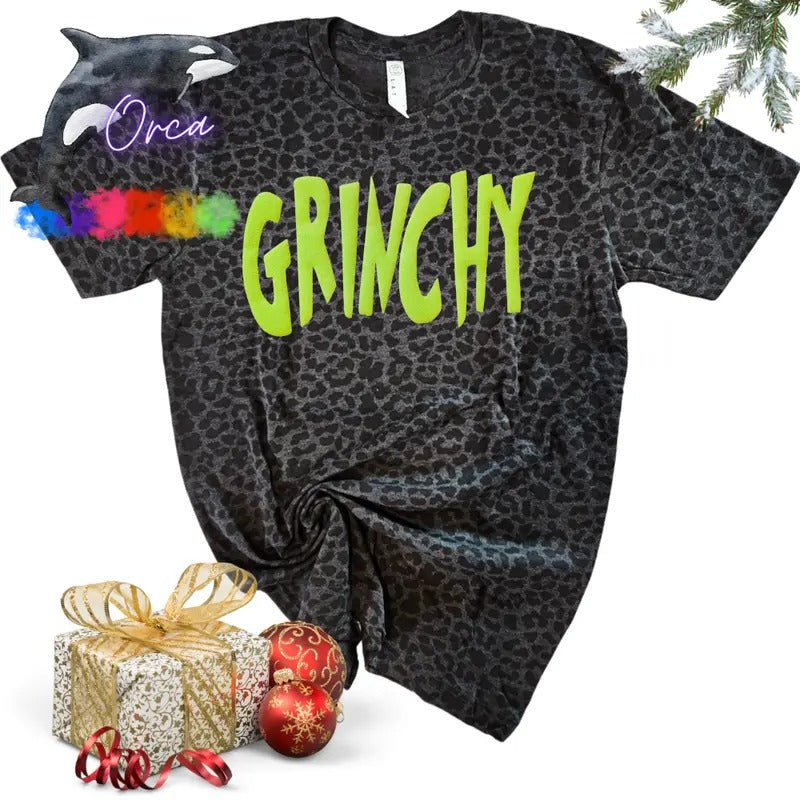 Orca Glitter Puff GRINCHY Black Leopard Unisex T-shirt ~ Christmas ~ Women Apparel Hoodie, Sweatshirt | DripVista.com