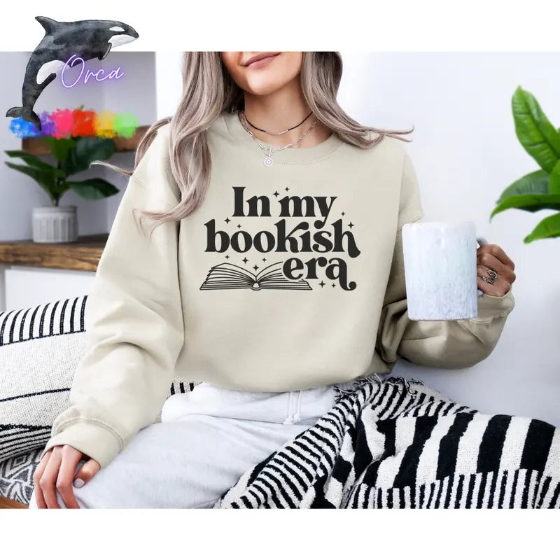 Orca ~ "IN MY BOOKISH ERA" Puff Unisex Sweatshirts ~ Book Lovers Shirt Womenswear Hoodie | DripVista.com