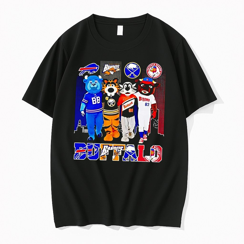 Original Buffalo Teams Mascots Billy Buffalo Sabretooth Buster Bison City Skyline Black Tshirts