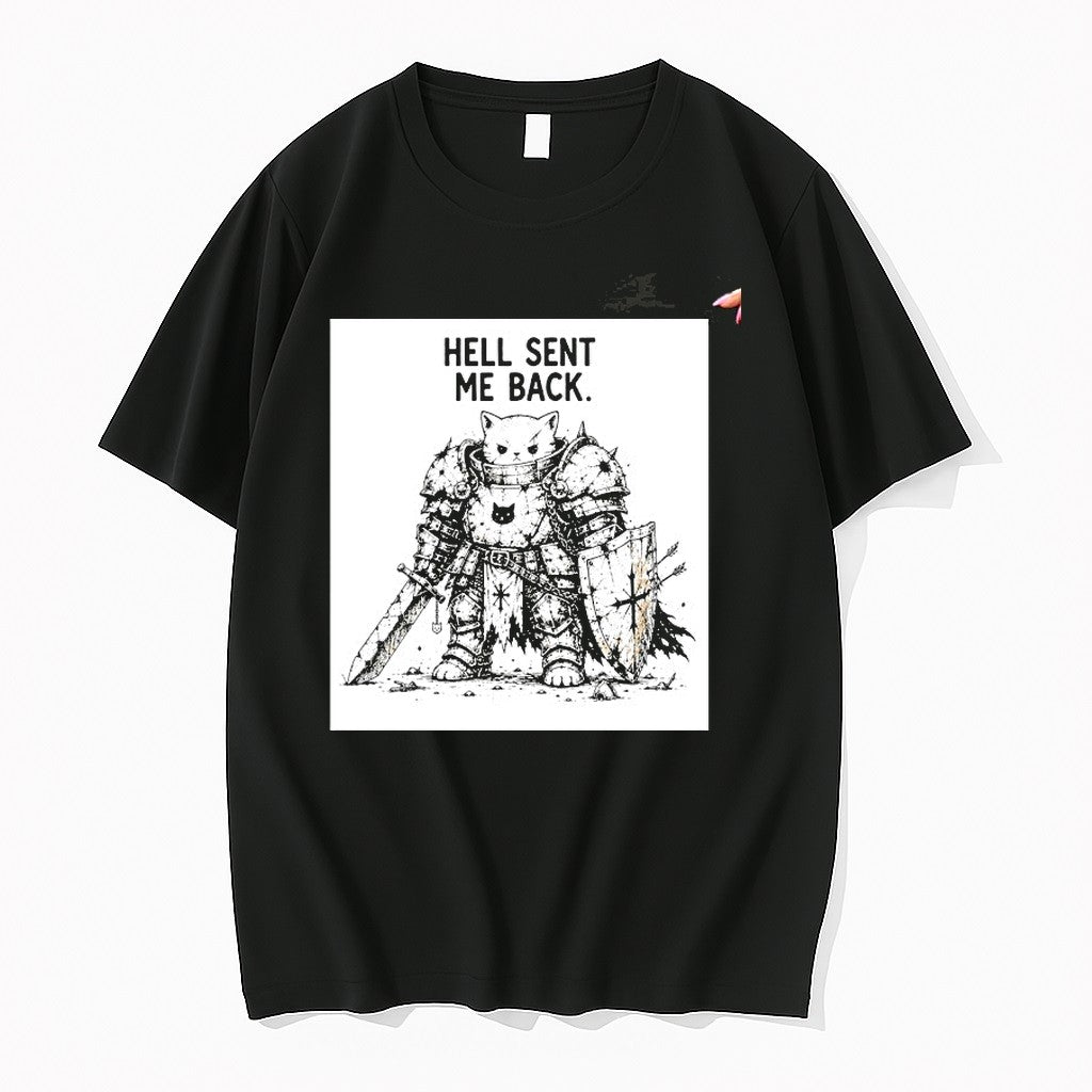 Original Cat Knight Hell Sent Me Back Cartoon Tshirts Jpg