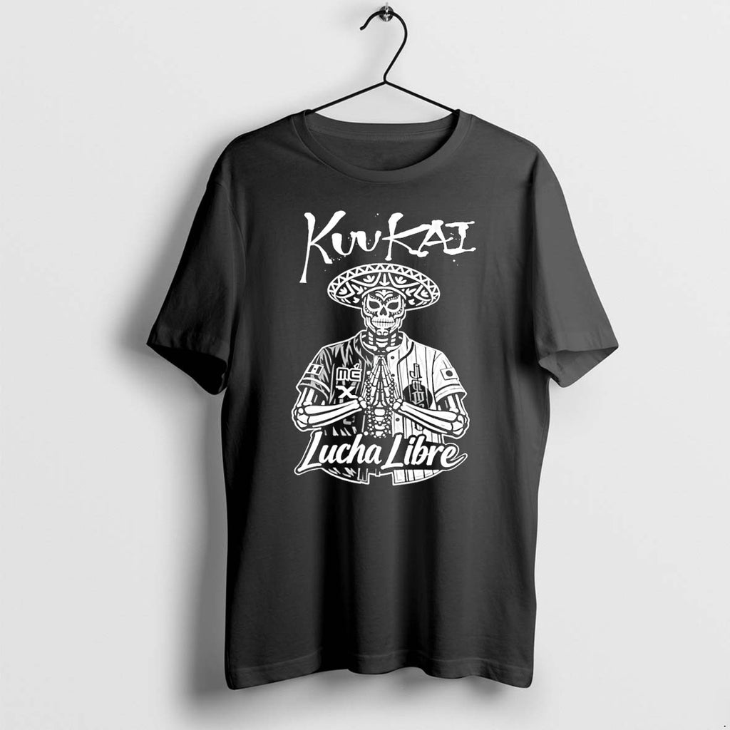 Original Kuukai Praying Skeleton Skull Lucha Libre Mexico Japan Baseball Black Tshirts