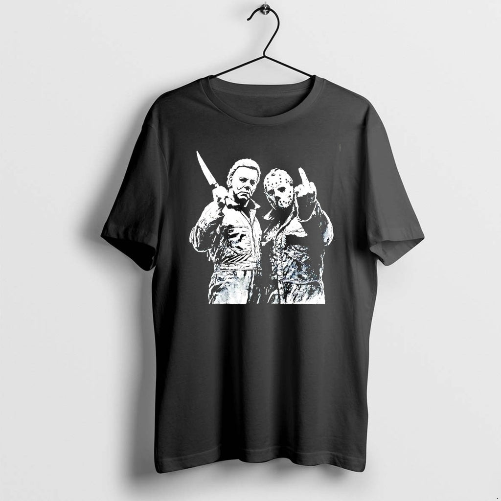 Original Michael Myers And Jason Voorhees Middle Finger Halloween Horror Movie Fan Art Tshirts