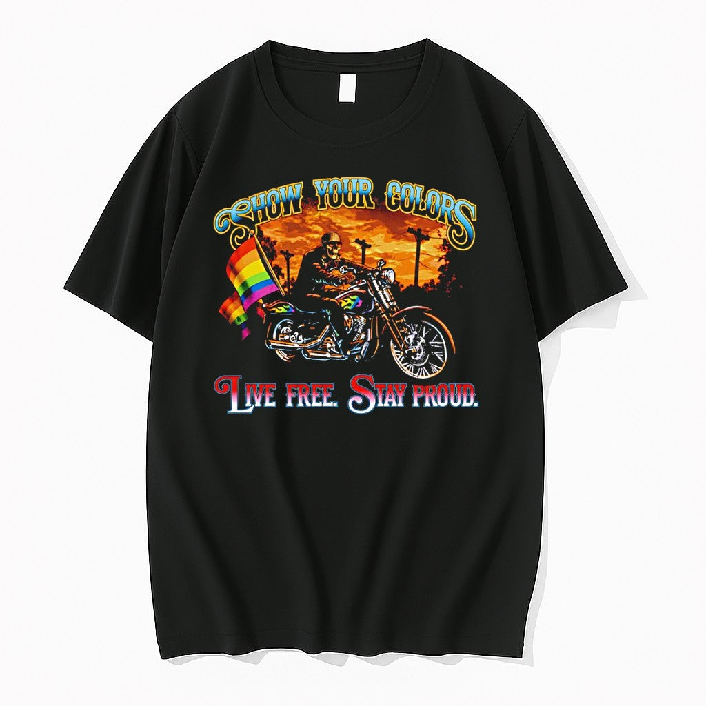 Original Skeleton Show Your Colors Live Free Stay Proud Pride Month Lgbtq 2026 Tshirts