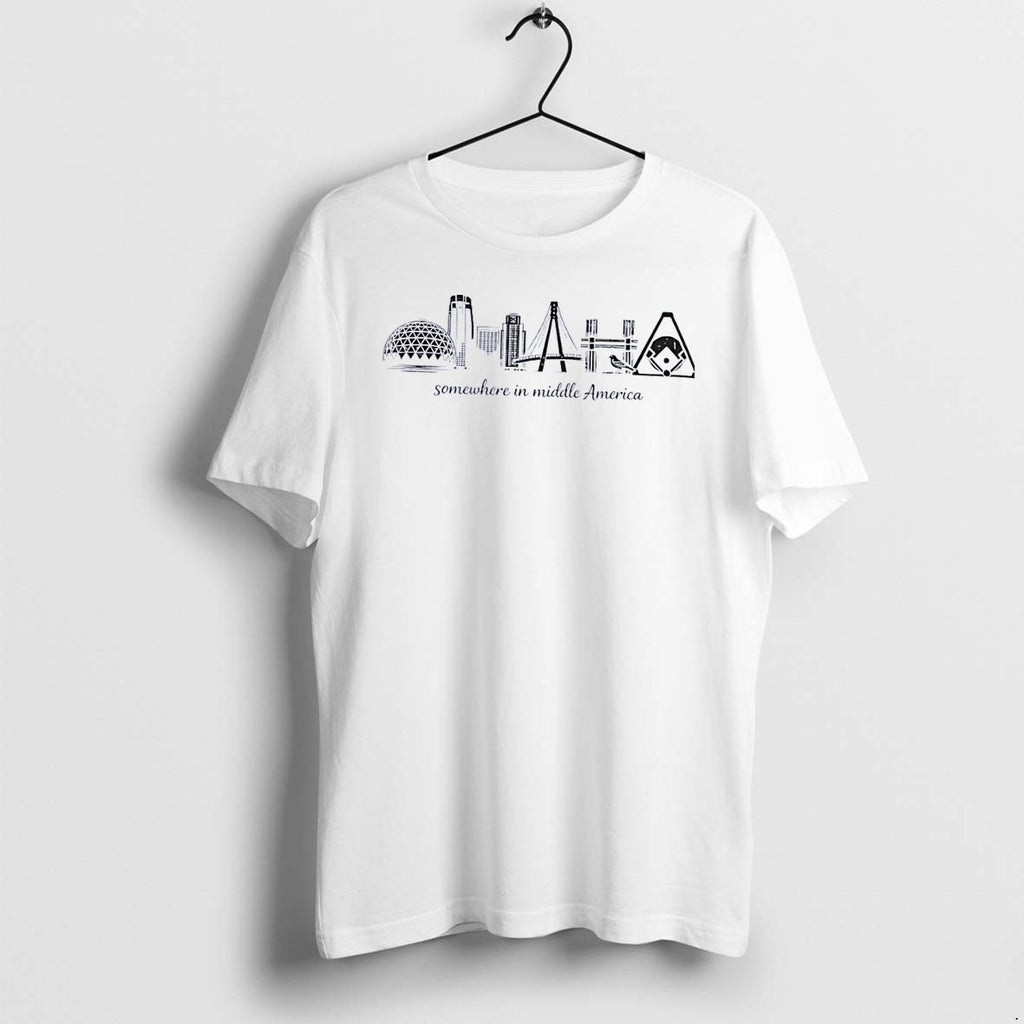 Original Somewhere In Middle America Omaha Skyline Bird Baseball White Tshirts