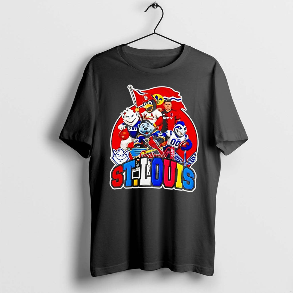 Original St Louis Cardinals Blues City Sc Battlehawks Slu Mascots Player City Flag Black Tshirts