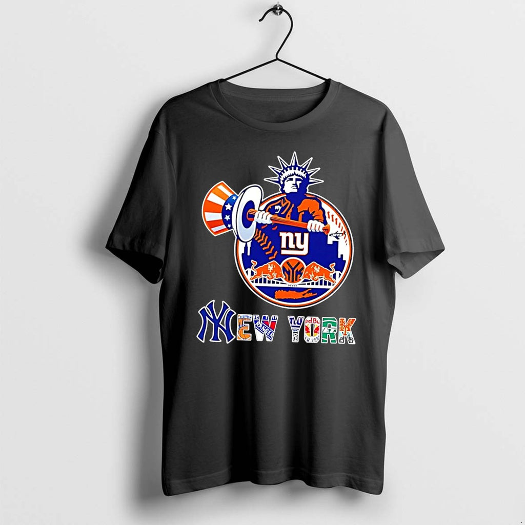 Original Statue Of Liberty New York Yankees Rangers Giants Red Bulls Jets Skyline Black Tshirts