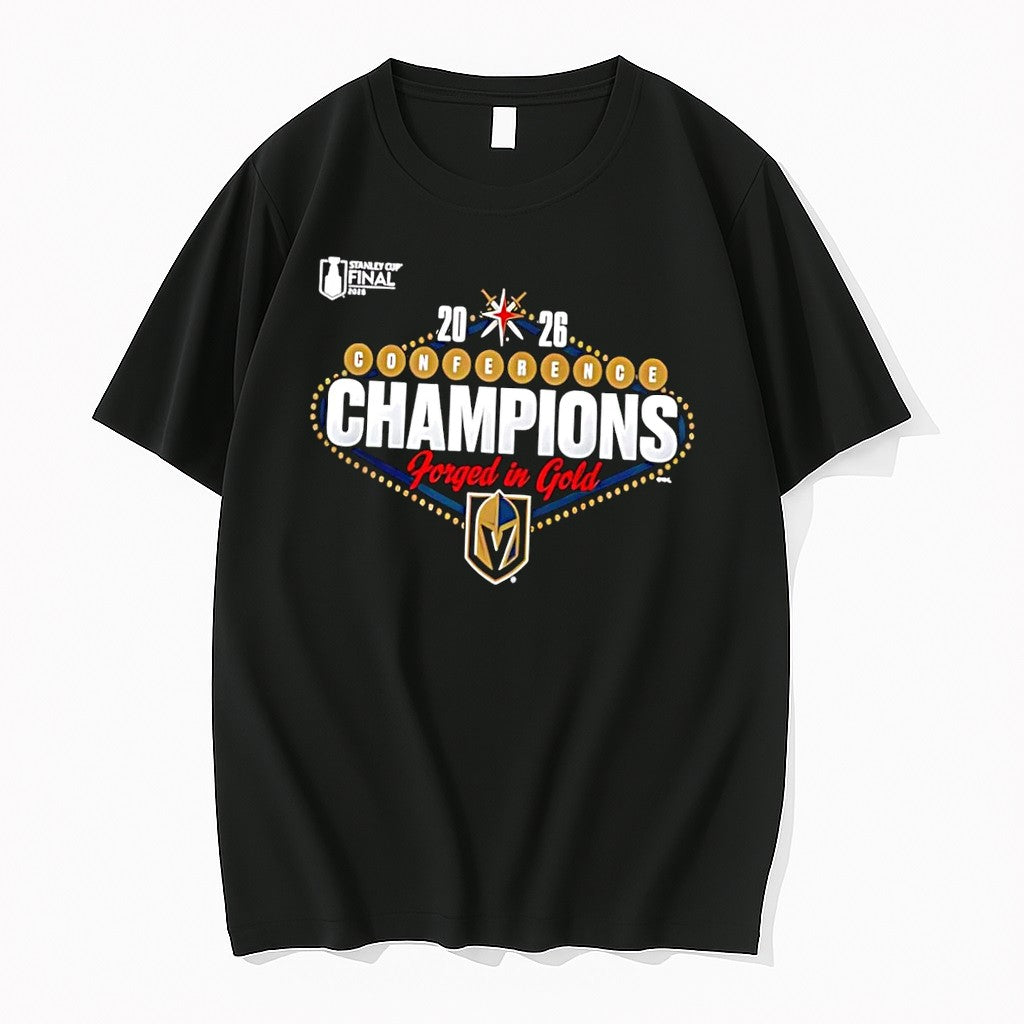 Original Vegas Golden Knights 2026 Conference Champions Forged In Gold Stanley Cup Final Black Tshirts