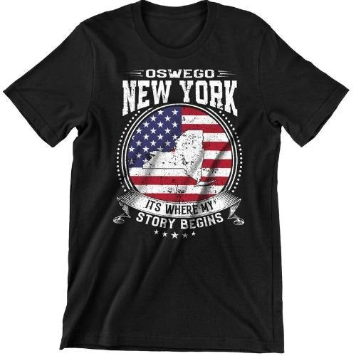 Oswego New York It's Where My Story Begins, Oswego NY Flag Shirt made in usa Hoodie, Sweatshirt | DripVista.com