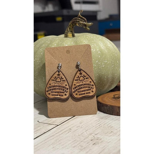 Ouija Board Planchette Earrings - Laser Engraved Wooden Spooky Jewelry, Gothic Witchy Accessories, Hypoallergenic Silver-Tone Hooks, Handmade in USA