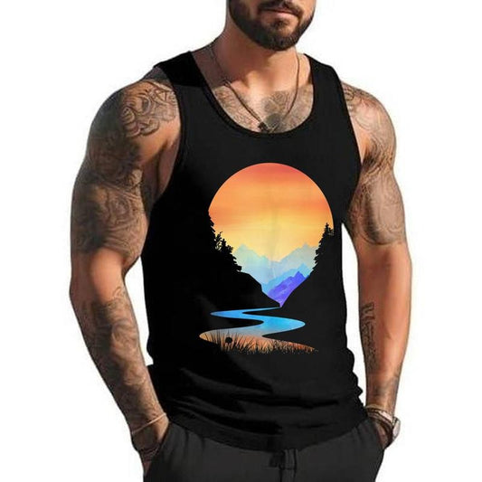 Outdoor Sunset Vintage Style Mountains Sun Nature Unisex Tank Top, Cotton, Size S-3XL