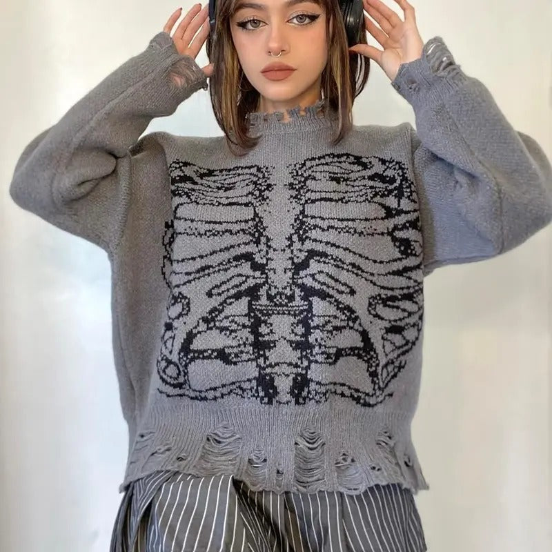 Oversized Skeleton Pattern Ripped Round Neck Sweater Pullover T-Shirts, Hoodie, Sweatshirt | DripVista.com