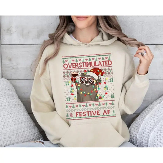 Overstimulated & Festive Af Raccoon Christmas Shirt, Ugly Christmas Sweater Women, Funny Weirdcore Meme Gift Shirt, Tacky Christmas Sweater, Unisex Sweater Pullover Tee