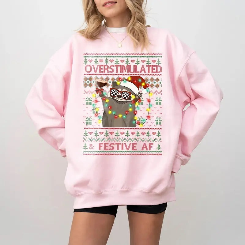 Overstimulated & Festive Af Raccoon Christmas Sweatshirt, Ugly Christmas Sweater Party Sweatshirt, Funny Weirdcore Meme Gift Tee
