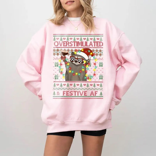 Overstimulated & Festive Af Raccoon Christmas Sweatshirt, Ugly Christmas Sweater Party Sweatshirt, Funny Weirdcore Meme Gift Tee
