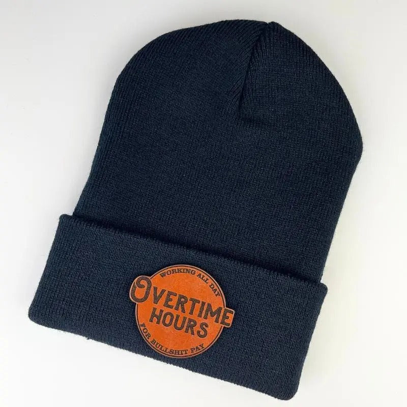 Overtime Hours Knit Beanie Custom Leather Patch T-Shirts, Hoodie, Sweatshirt | DripVista.com