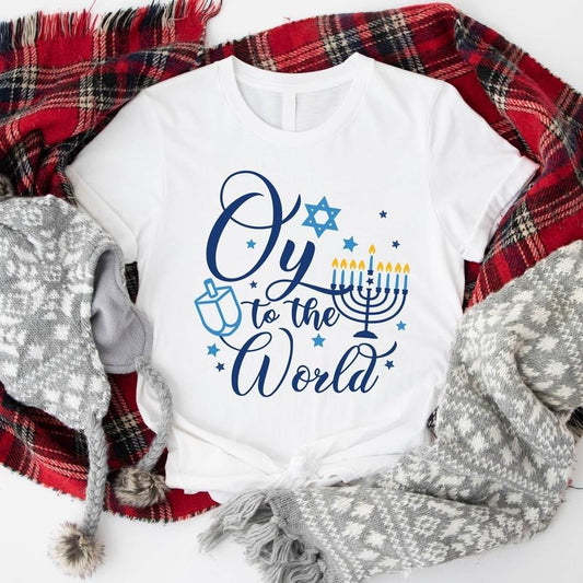 Oy To The World Shirt, Funny Hanukkah T-Shirt, Gift Shirt For Jewish, Celebration Short Sleeve, Menorah Shirt For Mom, Religious Shirt.