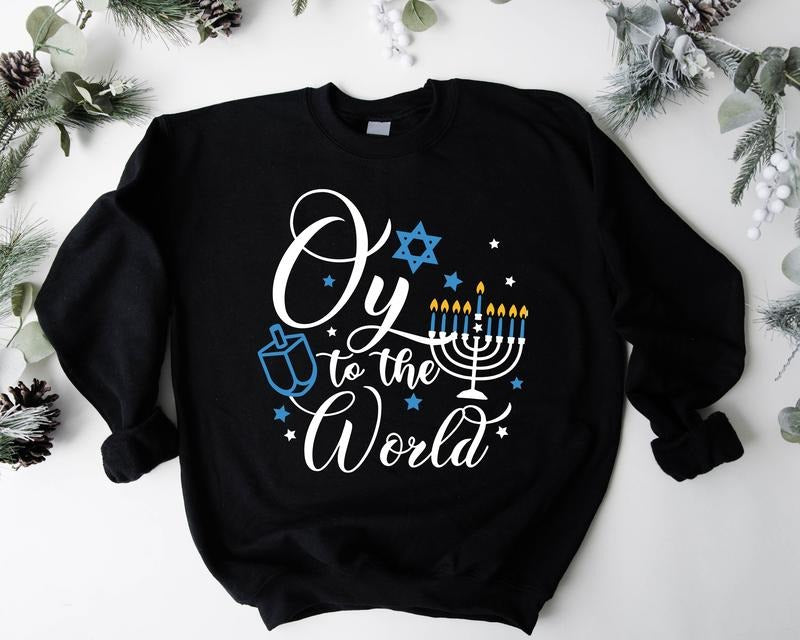 Oy To The World Sweatshirt, Funny Hanukkah Hoodie, Gift Sweatshirt For Jewish, Celebration Long Sleeve, Menorah Hoodie For Mom, Religious Sweatshirt.