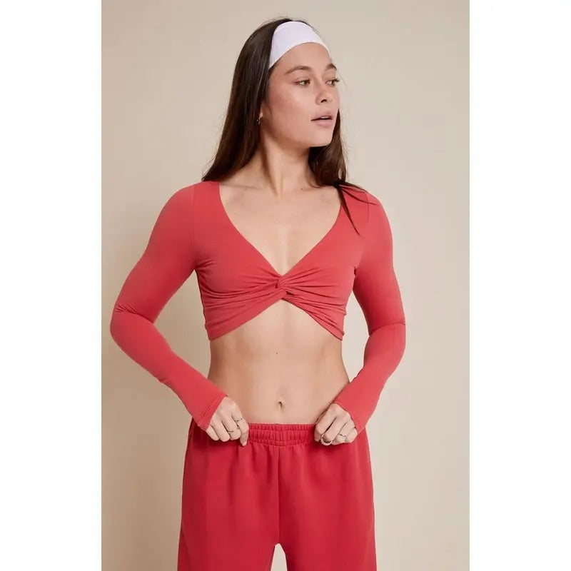 PAC 1980 Women's Active Red Twist Front Knotted Long Sleeve Top T-Shirts, Hoodie, Sweatshirt | DripVista.com
