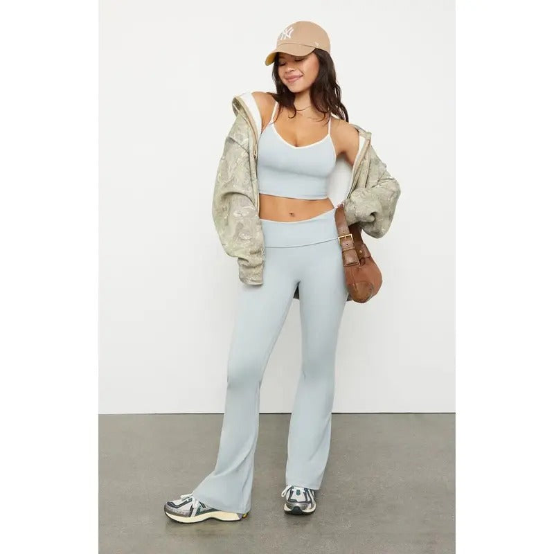 PAC 1980 Women's PAC WHISPER Active Gray Fold-Over Waistband Flare Yoga Pants T-Shirts, Hoodie, Sweatshirt | DripVista.com