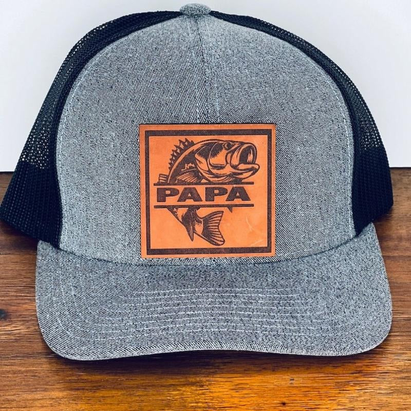PAPA Bass Fish. Engraved Leather Hat Patch, Papa, Dad..Custom Bass Fish Patch. Richardson Snapback Hat, Cap T-Shirts,...