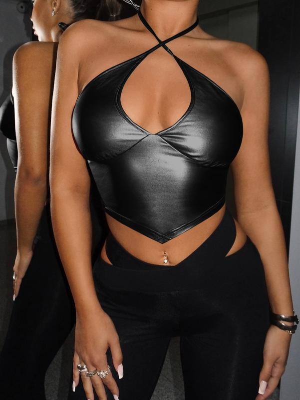 PU Leather Criss Cross Halter Tie Back Asymmetrical Crop Cami TopY2K T-Shirts, Hoodie, Sweatshirt | DripVista.com