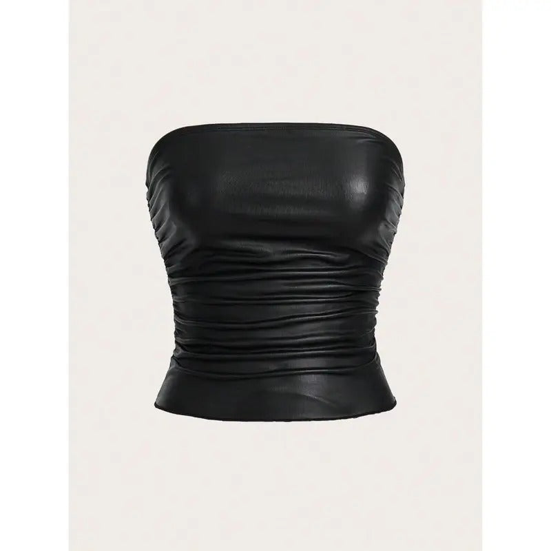 PU Leather Ruched Tube Top Strapless Party Clubwear Tops Going Out StreetwearY2K T-Shirts, Hoodie, Sweatshirt | DripVista.com