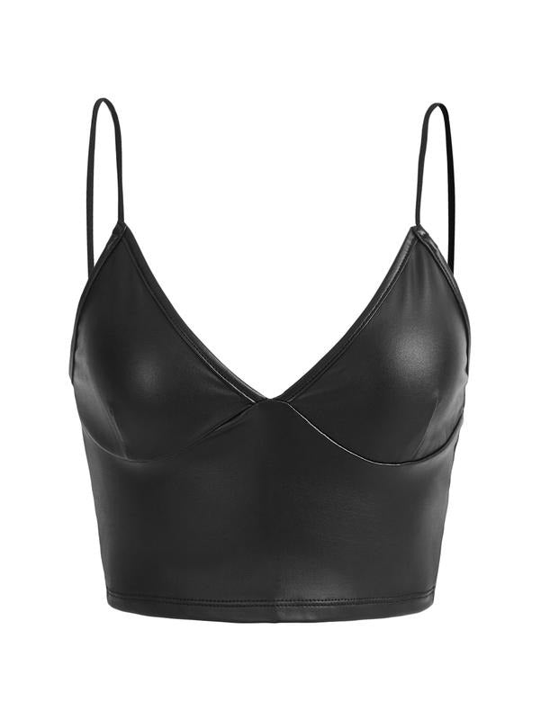 PU Leather V Neck Spaghetti Strap Cami Crop TopY2K T-Shirts, Hoodie, Sweatshirt | DripVista.com