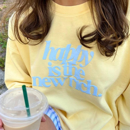 PUFF 'Happy is the New Rich' Lightweight Sweatshirt, 3D PUFF Print Comfort Colors Premium Crew