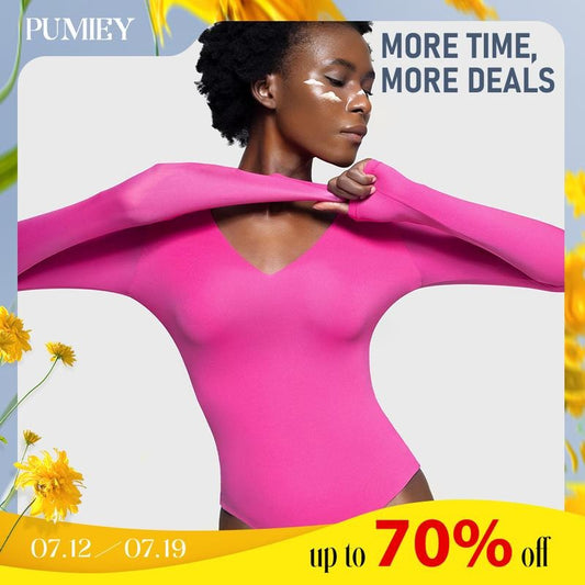 PUMIEY Bodysuits for women V Neck Long Sleeve Body Suit Sexy Tops candice  swanepoel
