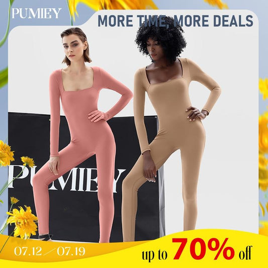 PUMIEY Jumpsuits for Women Square Neck Long Sleeve Bodycon Unitard One Piece Outfits