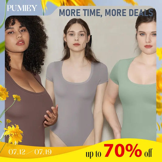 PUMIEY Scoop Neck Short Sleeve Sexy Slim Fit Elegance Minimalist Bodysuit Slim-fitting Plain candice  swanepoel