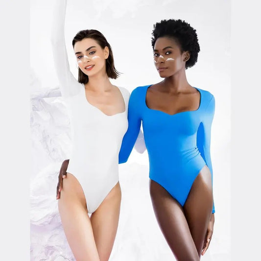 PUMIEY Sweetheart Neck Long Sleeve Bodysuit Snap Closure Womenswear skims Tops Underwear Lady Comfort Longsleeves Basic Minimalist bodysuit  chanclas candice  swanepoel